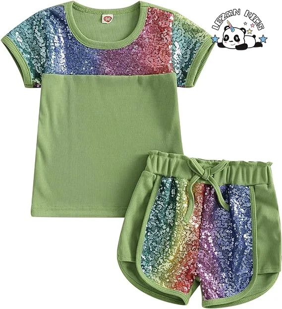 LEZONKIDS - Customizable Gradient Sequin Sleeves T Shirt Sequin Short Girls Summer Sequin Clothing Set